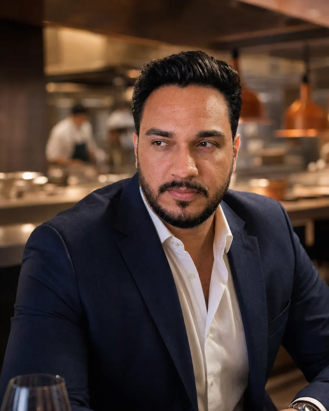 Leonardo Viana sentado no balcão de um restaurante, com a cozinha ao fundo.