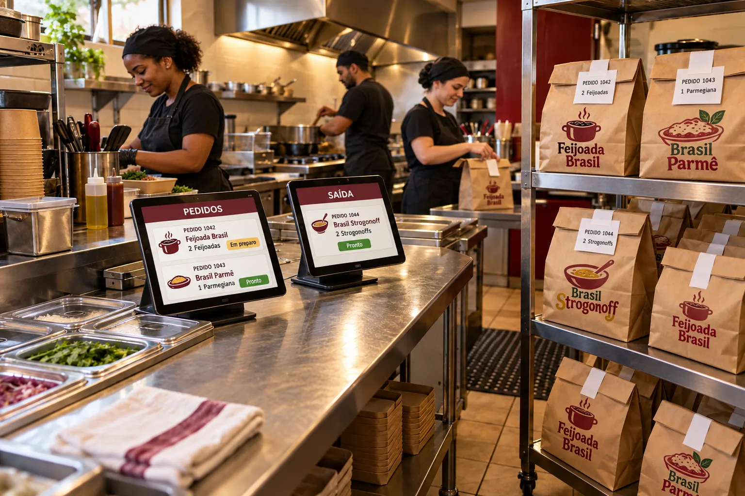 Cozinha de dark kitchens em pleno serviço