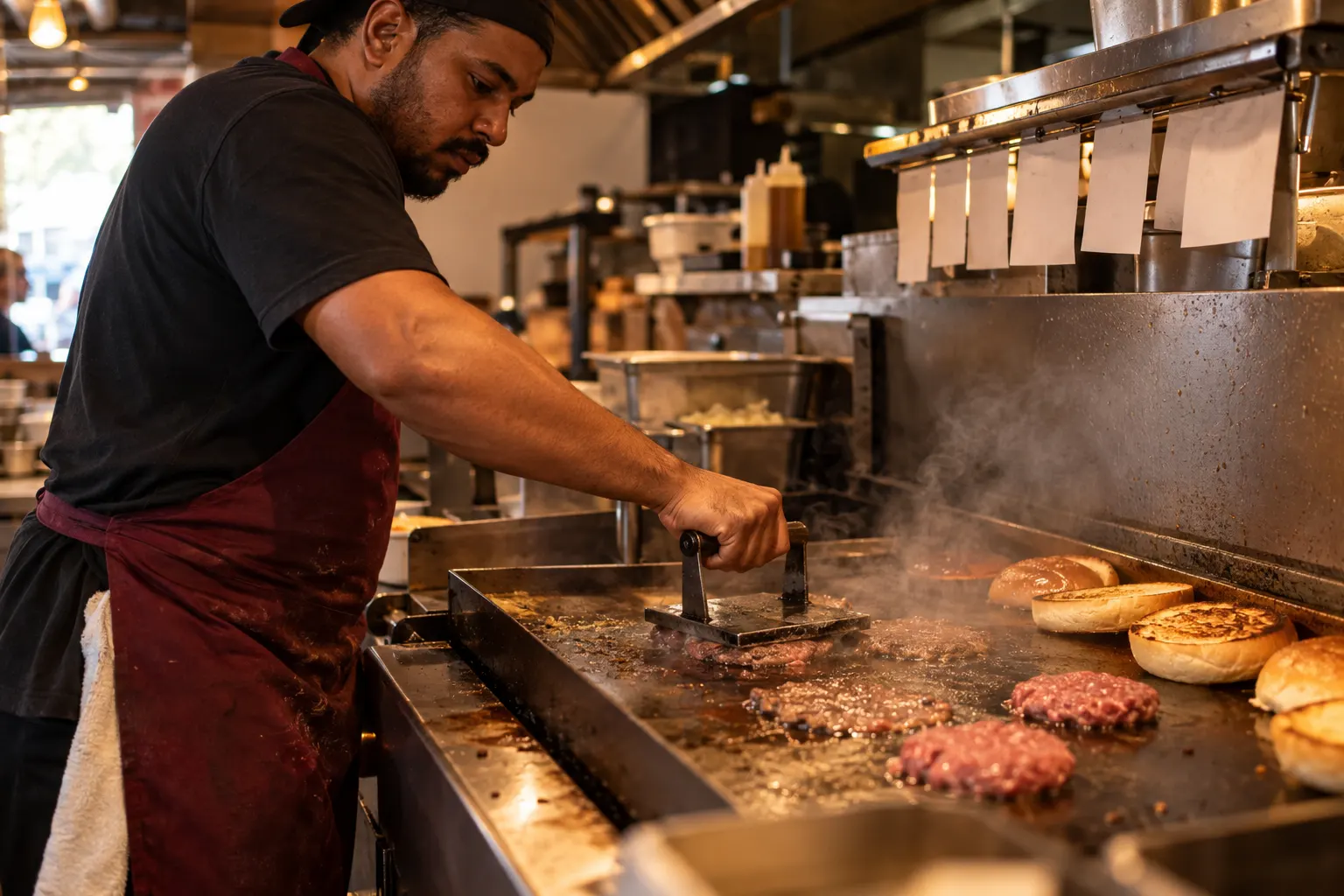 Cozinha de hamburguerias em pleno serviço