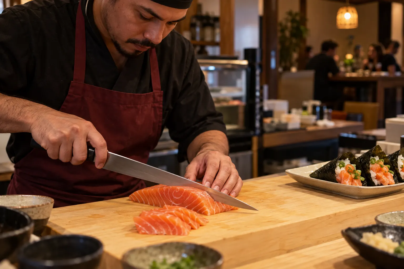 Cozinha de japoneses e asiáticos em pleno serviço