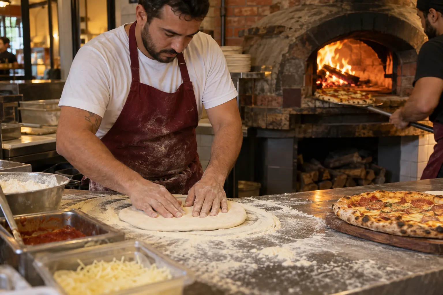 Cozinha de pizzarias em pleno serviço