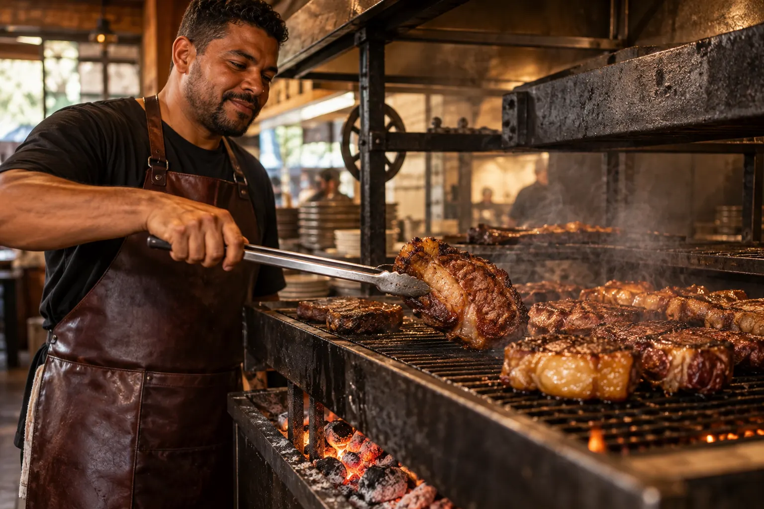 Cozinha de steakhouses em pleno serviço